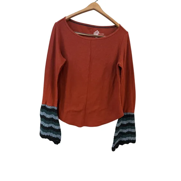 Pilcro Rust Orange Waffle Knit Crochet Bell Sleeve Top Womens Medium‎ M P-13 - Image 2