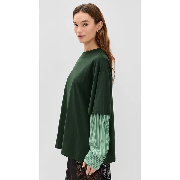 Lioness Bottega Green Layered Mix Media Crewneck Tee Striped Long Sleeve Shirt S - Image 2