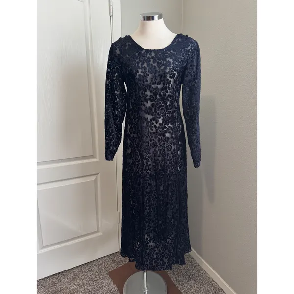 Vintage Caron Joy Sheer‎ Velvet Burnout Dress Floral Long Sleeve Maxi Evening - Image 3