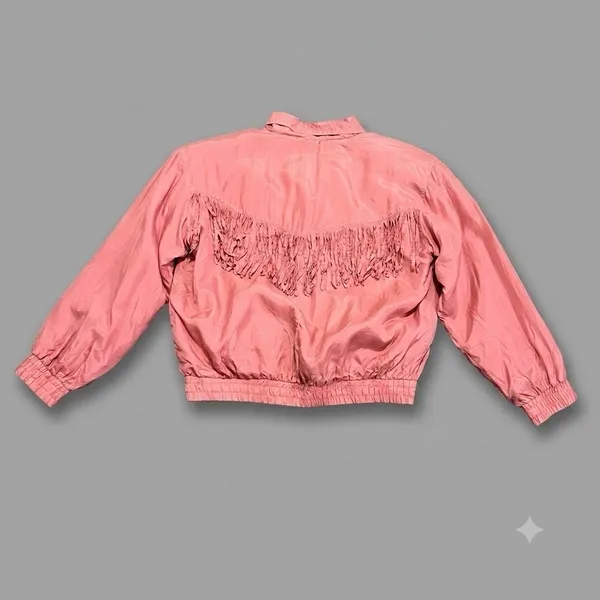 Vintage Malcolm Flowers Bomber Jacket Medium 100% Silk Fringe‎ Western Pink - Image 2