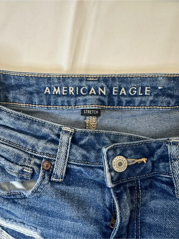 American Eagle Outfitters Distressed Blue Denim Roll-Cuff Shorts - Image 3