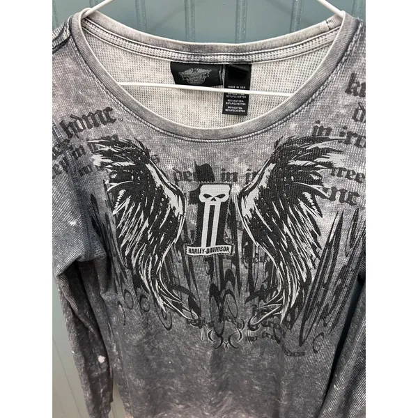 Harley Davidson Skull Wings Gray Acid Wash‎ Long Sleeve Top Womens L Biker - Image 2