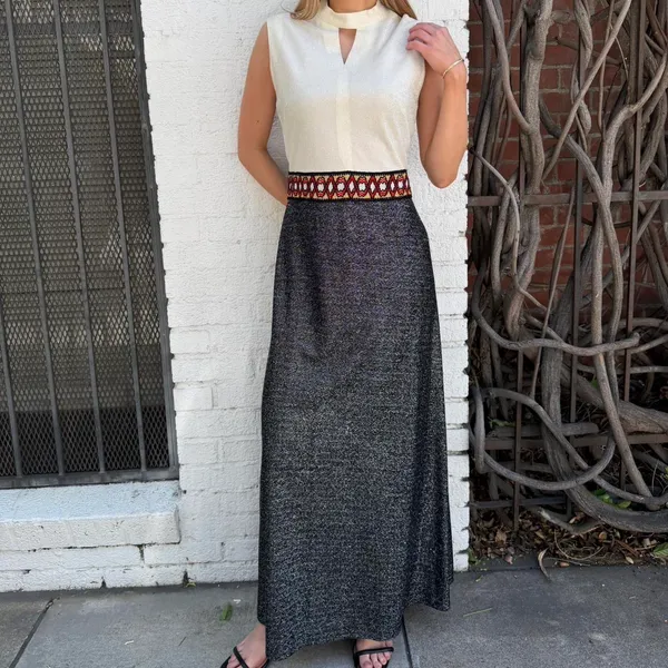 American Vintage 1970s Mod Vintage Sparkly LAME Maxi Peek A Boo hostess dress sz L / ptp 18, length 57 - Image 2