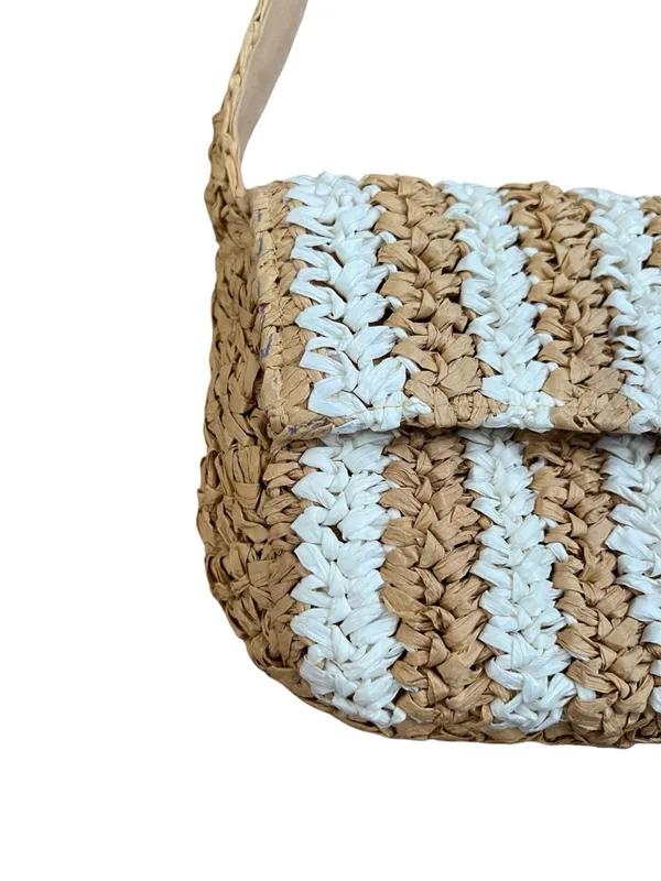 Anthropologie Woven Straw Striped Shoulder Bag Coastal White Tan Small - Image 5
