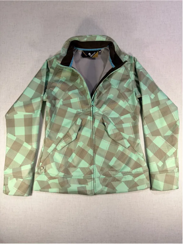 Salomon Women’s Fleece Lined Softshell Ski Jacket Geometric Plaid Mint Brown M - Image 11