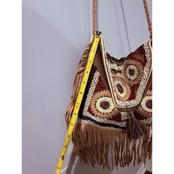 ibBan Anthropologie Beaded Boho Hobo Tote Shoulder Fringe Western Bag P - Image 9