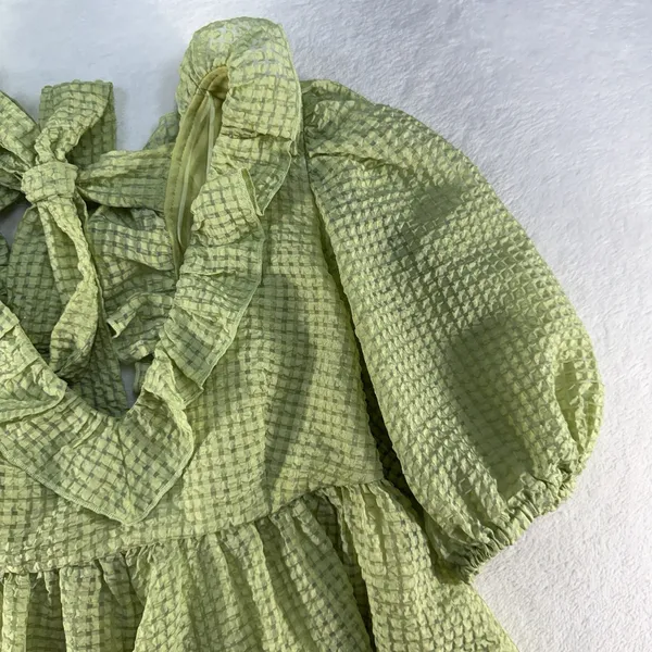 Mable M Medium Babydoll Mini Dress Green Textured Puff Sleeves Pockets‎ Coquette - Image 5