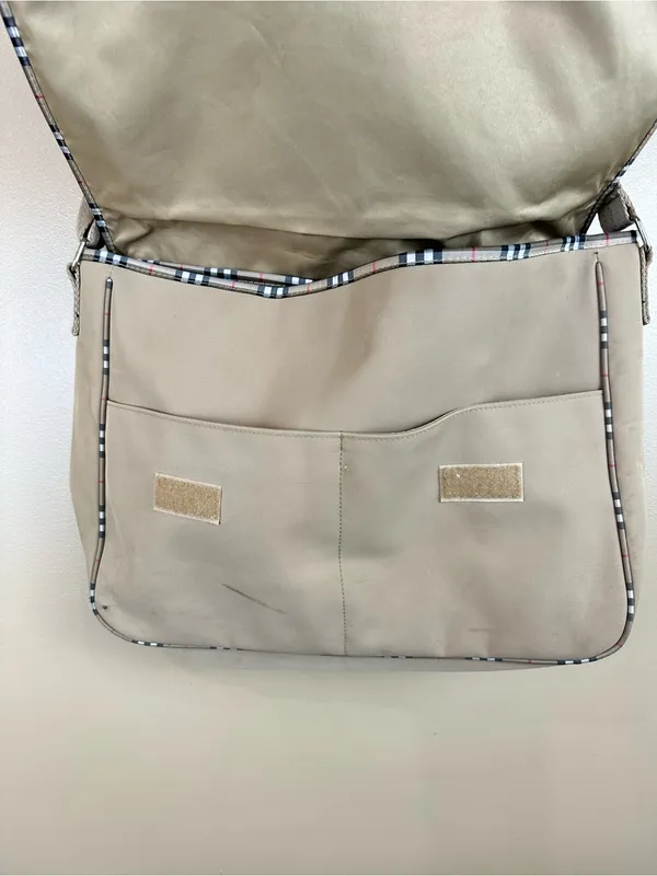 Burberry Fragrance Messenger Bag Tan Beige Plaid Trim Crossbody Adjustable - Image 7