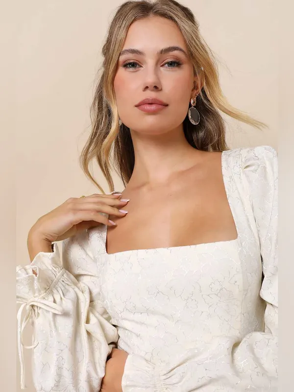 Lulus Elegant Adoration Cream Floral Jacquard Long Sleeve Mini Dress – Small NWT - Image 2