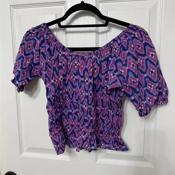 NWT Banjanan‎ Halo Cotton Top Blouse Abstract Print Smocked Puff Sleeve Purple M - Image 6