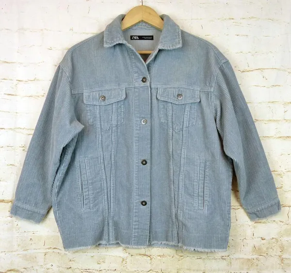 Zara Oversized Corduroy Trucker Jacket Womens XS Baby Blue Raw Hem Gorpcore 90s - Image 5