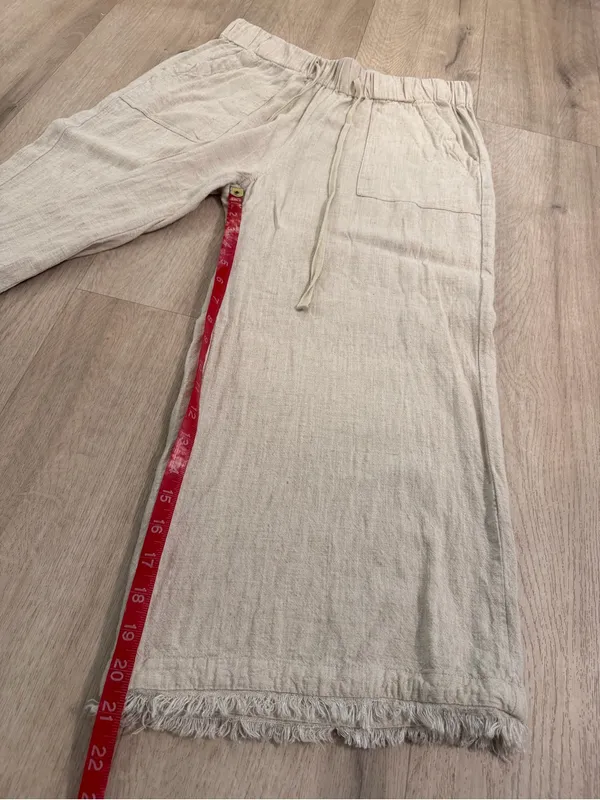 Natural Beige Linen-Blend Wide Leg Frayed Hem Pants - Image 6
