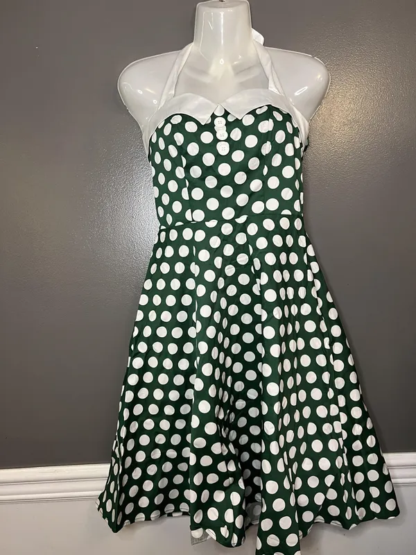Dressystar Dress Womens Small Green Polka Dot Halter Fit & Flare Retro 50s - Image 2