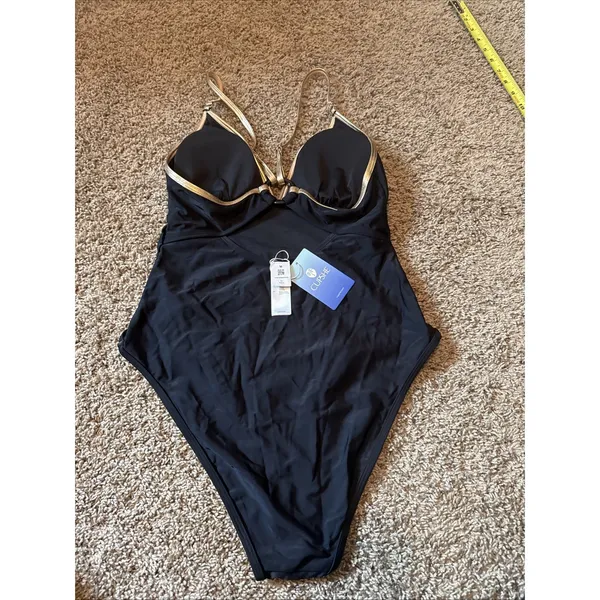 Cupshe Gold Standard Black One-Piece Swimsuit Black W Gold Straps Medium NWT - Image 4