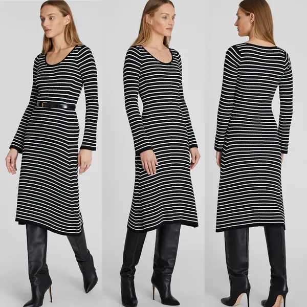 Club Monaco Black And White Striped Ribbed Midi Sweater Dress With Bell Sleeves - Image 2