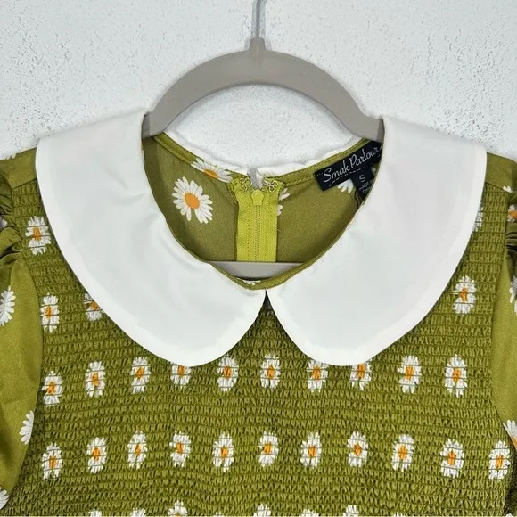 Smak Parlour Modcloth Retro Green Daisy Smocked Mini‎ Dress Peter Pan Collar NWT - Image 4