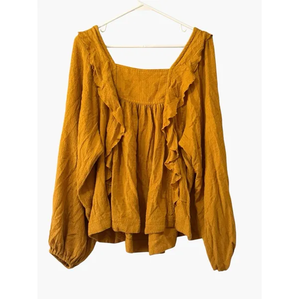 Free People Bonnie Ruffle Square Neck Peasant Top Women Sz Large Buttery Yellow - Image 2