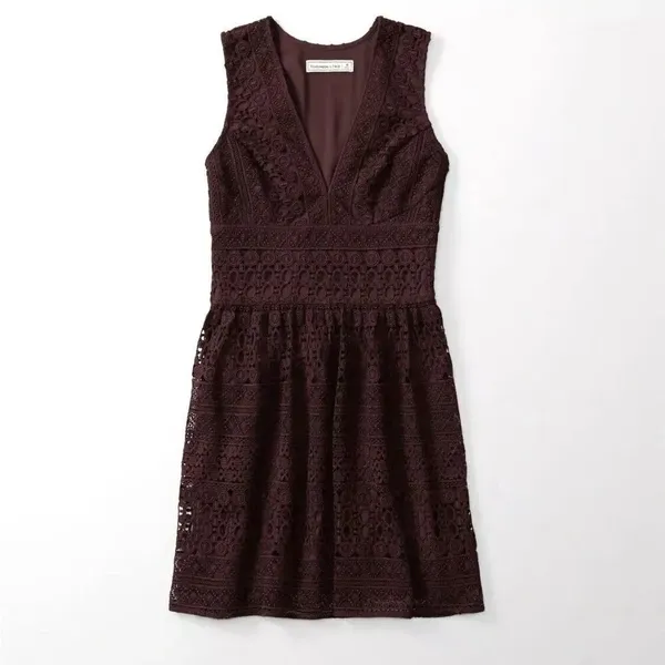Abercrombie & Fitch Lace Crochet V-Neck Skater Dress Burgundy Mini Dark Romantic - Image 2