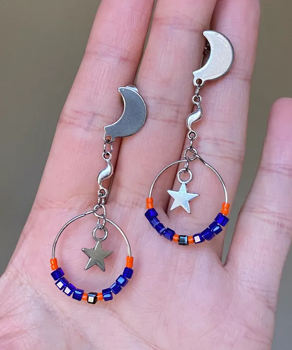 stainless steel moon boho vintage aesthetic fairy style hoop dangle earrings💙⭐️🍃🌙🌠 - Image 2