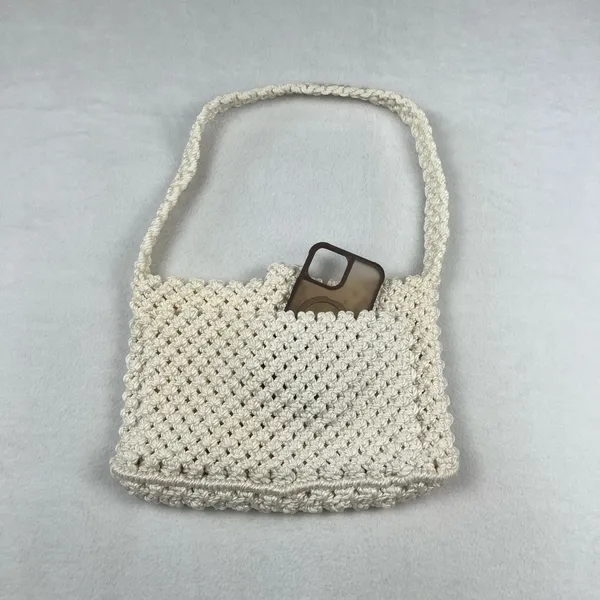 Macrame Shoulder Bag Women Medium‎ Cream Excellent Boho Ring Closure - Image 5