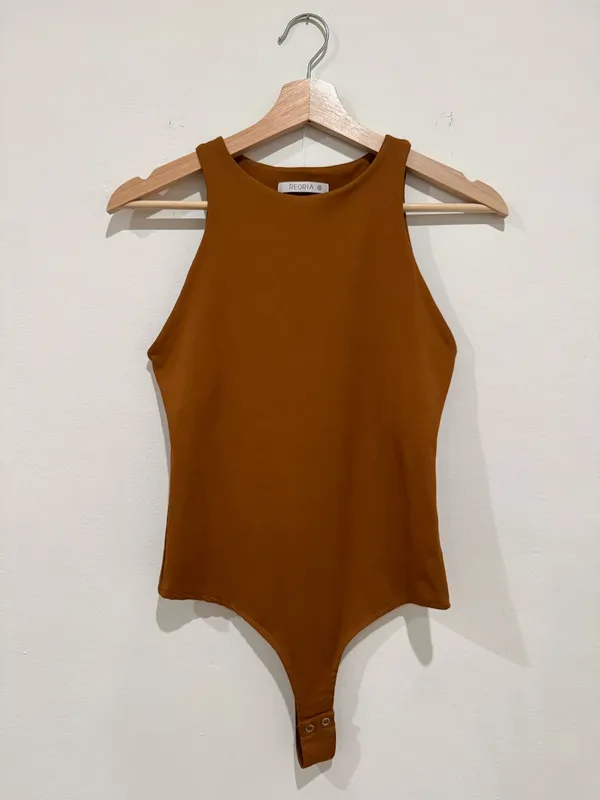 High Neck Sleeveless Bodysuit in Camel Brown - Image 4