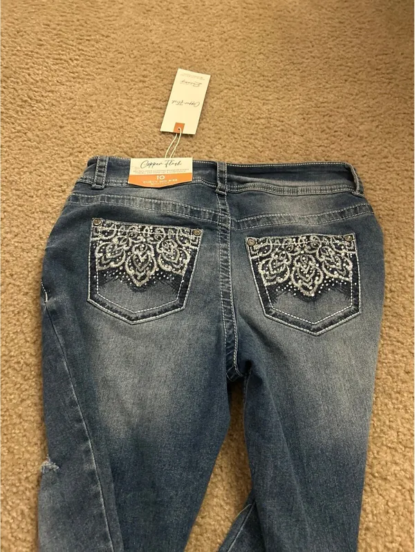 E281 copper flash 10 curvy mid rise bootcut jeans sparkle cute comfy - Image 7
