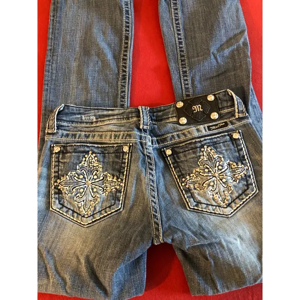 Miss Me blue denim embellished embroidered bootcut jeans Size 27 - Image 3