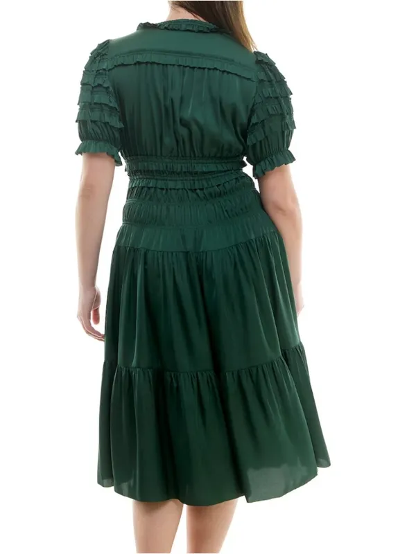 Nanette Lepore Size 8 Hunter Green Smocked V Neck Midi Dress - Image 6