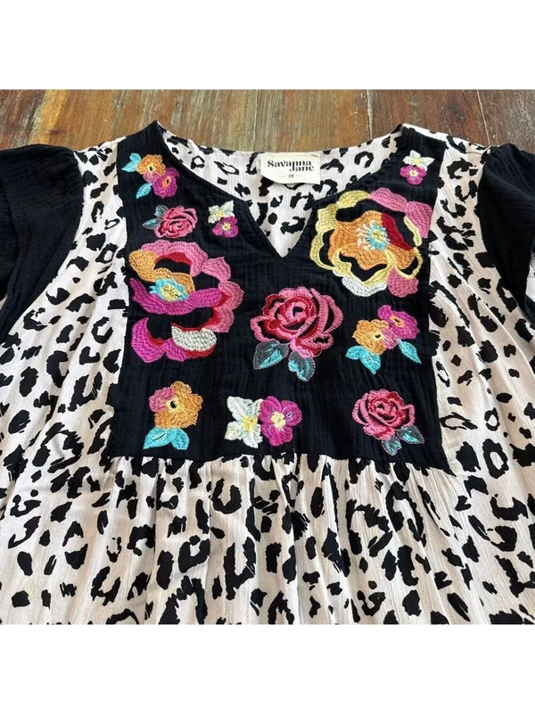 Savanna Jane Mini Dress 2X Beige Black Leopard Floral Multicolor Embroidery Boho - Image 2