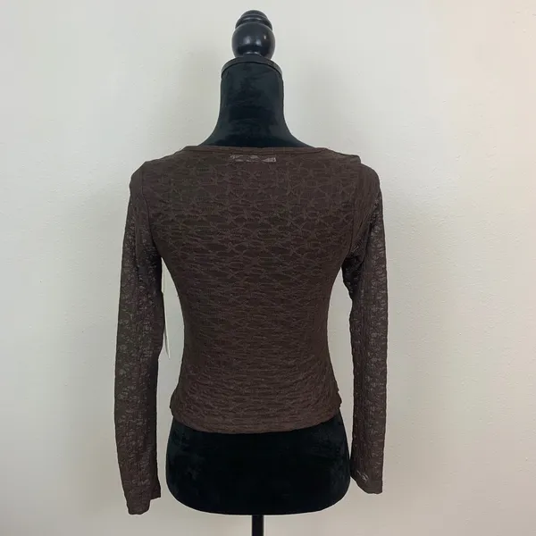 Good Days Project Women's XS Brown Lace Ruffle Tie Front‎ Top Sheer Long Sleeves - Image 2