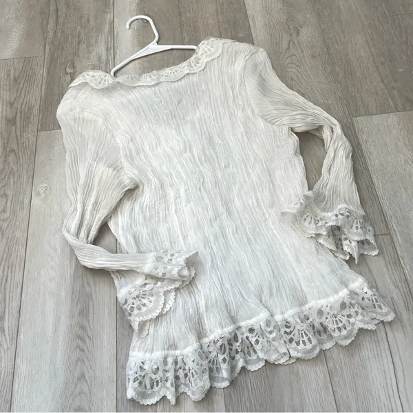 Romantic Bohemian Blouse crinkle pleat lace womens White one size cottage fairy - Image 3