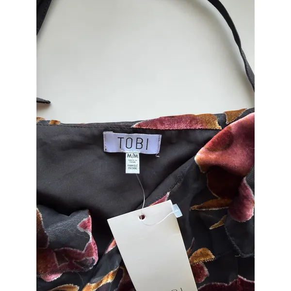 Tobi Floral Velvet Burnout Crop Top Halter Neck Ruffle Off Shoulder Black Medium - Image 2