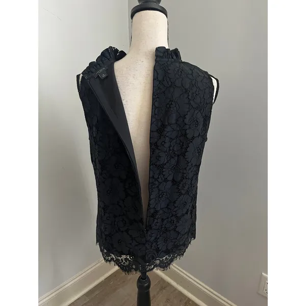 Ann Taylor Black Floral Lace Blouse Medium Ruffle Neck Office Chic Preppy Goth Coquette - Image 5