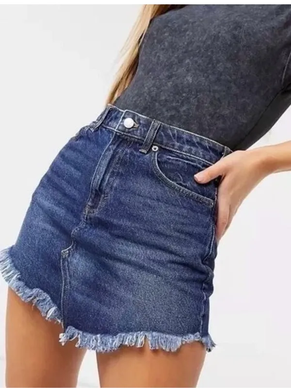 We The Free‎ Free People Bailey Fringe Denim Mini Skirt High Rise Blue 27 - Image 2