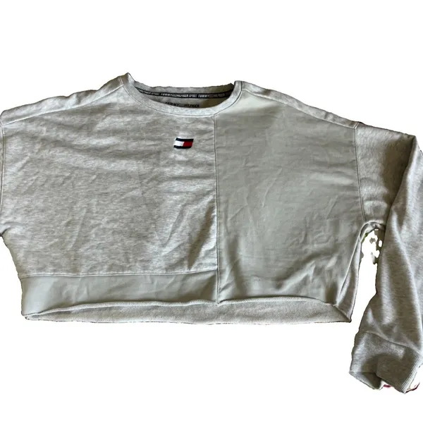 Tommy Hilfiger Womens XL Sporty Crop Top Sweatshirt Heather Gray Blocked Design - Image 8