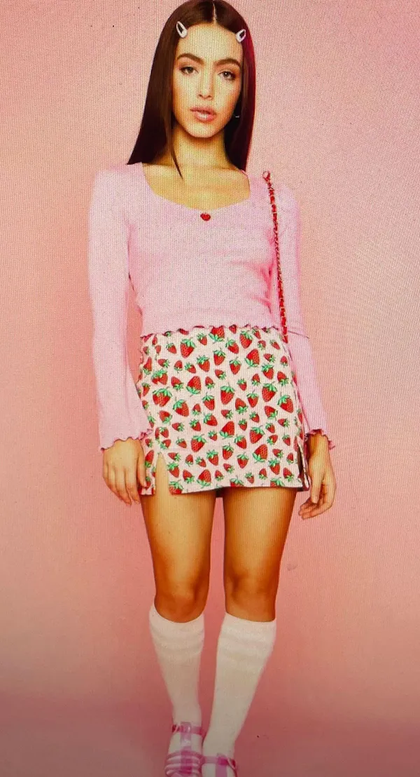 Dolls Kill Sugar Thrillz From Take A Bite Pink Strawberry Charm Flare Sleeve Crop Top, size S - Image 2
