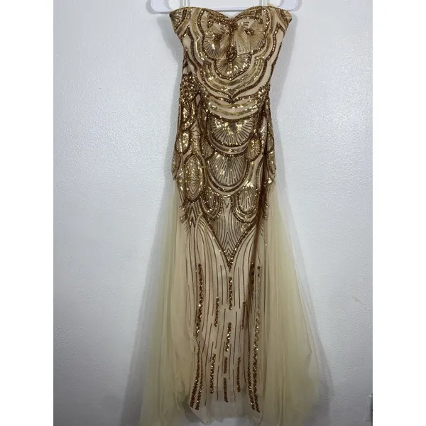 Angel Fashions Strapless Gold Sequin Beaded Long Gown Dress Women Size L - Image 3
