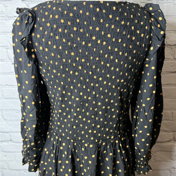 Madewell lucie smocked v neck mini dress Black Dress with Gold Dots size medium - Image 12