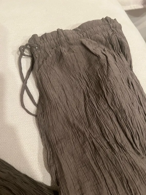 Zara Dark Olive Green Textured Loose Flowy Flare Pants Drawstring Boho Trousers - Image 9