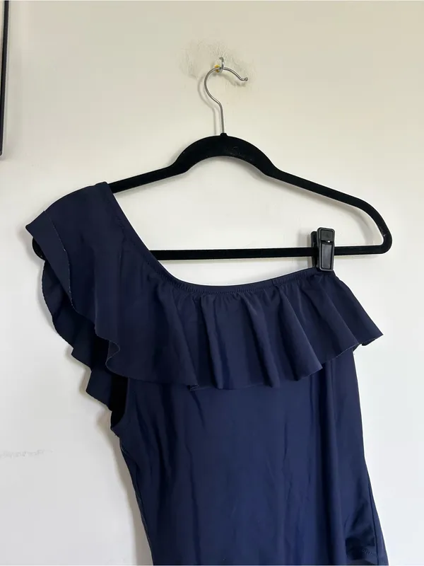J.Crew Factory Navy Blue Ruffle One Shoulder‎ One Piece Swimsuit Size Medium - Image 4