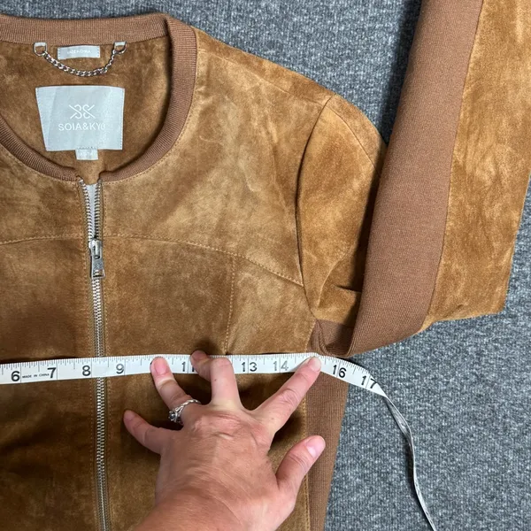 Soia & Kyo Brown Suede‎ Zip Jacket Ribbed Knit Slim Fit XS Chic Moto Minimalist - Image 13