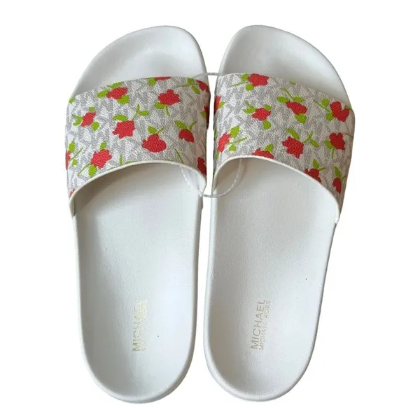 MICHAEL KORS Signature Vanilla Cream Floral Monogram Logo Slip On Slides - Image 9