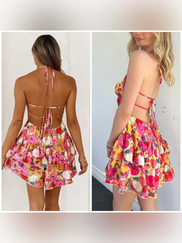 Luxxel Pink Yellow Floral Tiered Ruffle Romper Open Back Lace Up Size Medium - Image 3