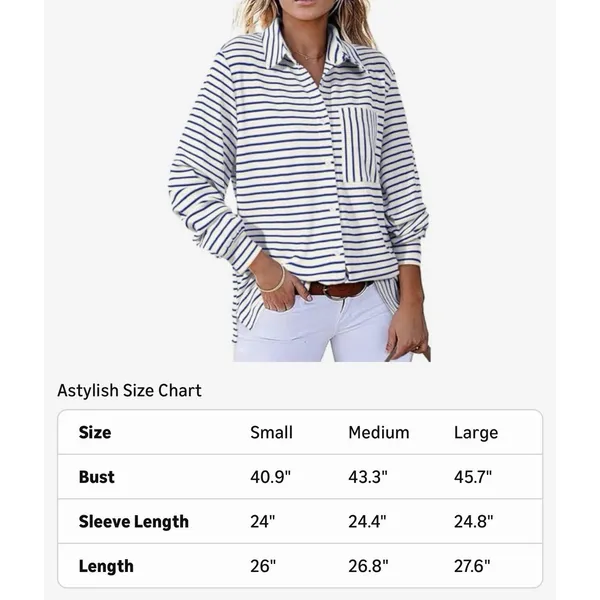 Astylish Women's Oversized Striped Button Down Shirt Navy/ White Small - Image 5