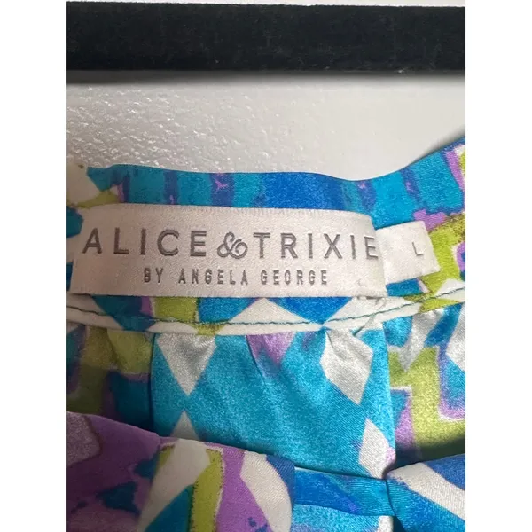 Alice & Trixie Silk Blouse Blue Purple Geometric Bell Sleeve Top Womens L - Image 3