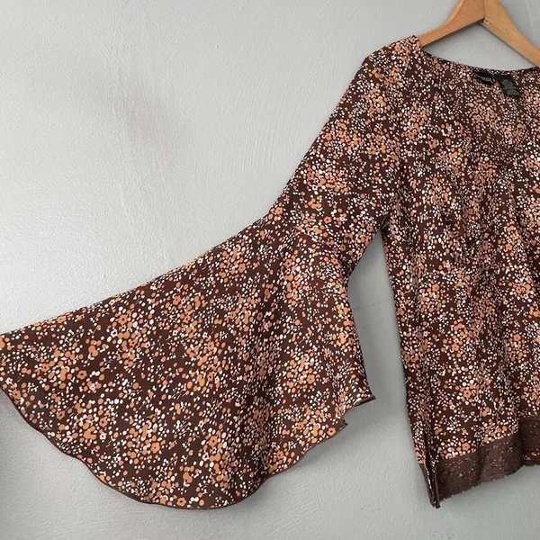 Notations Vintage Y2K Top Size M Babydoll Brown Ditzy Floral Lace Trim Boho Fairy Grunge - Image 3