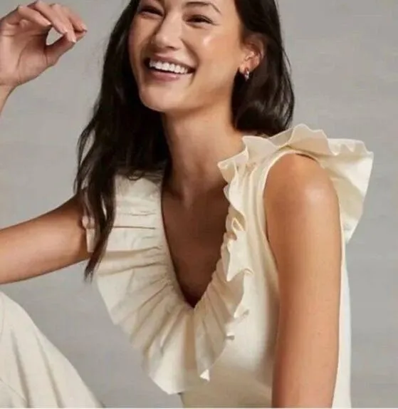 Anthropologie MaEve 100% Cotton Ivory Tina V Neck Ruffled Trim Tank XS - Image 2