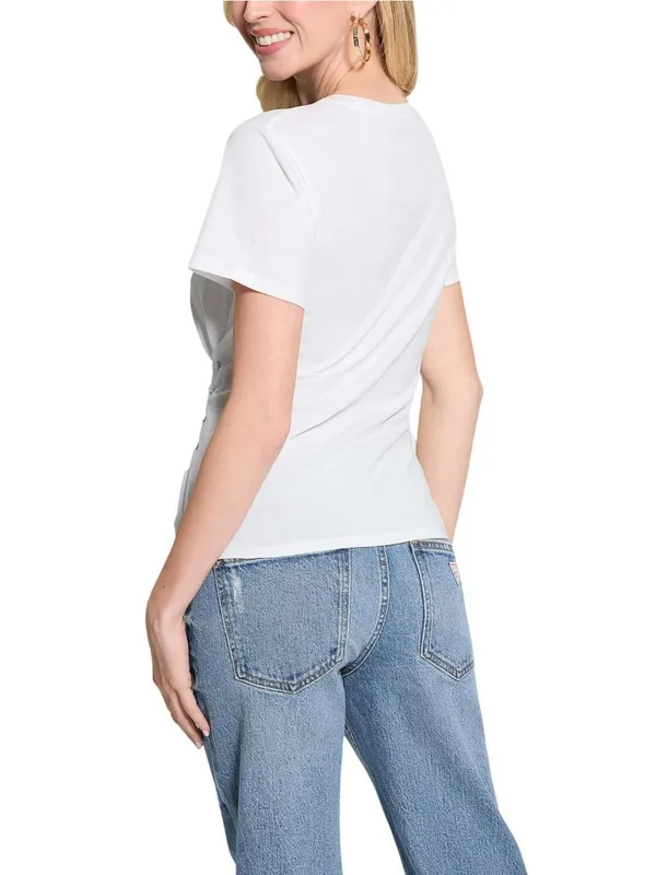 NWT GUESS Eco Short Sleeve Lace-Up Graphic Corset Tee W5RI32K9RM1 Pure White XS - Image 4