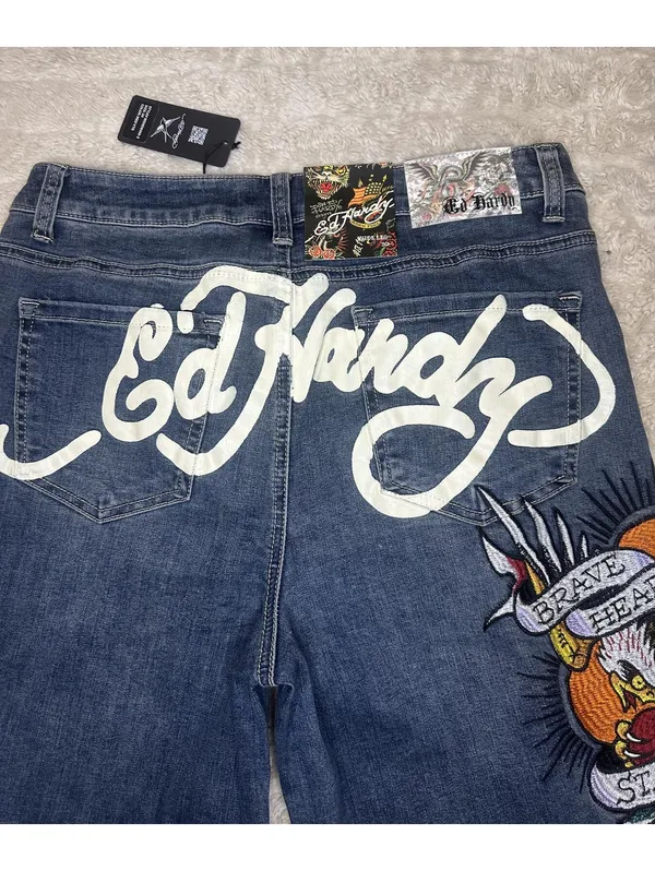 Ed Hardy medium wash embroidered eagle heart tattoo wide leg denim jeans Size 30 - Image 9