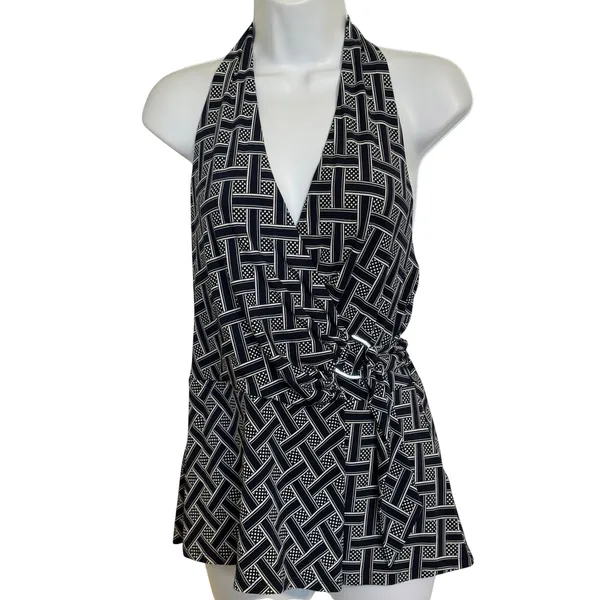 WHITE HOUSE BLACK MARKET Navy White Geometric Halter Wrap Top Silver Ring Size M - Image 2